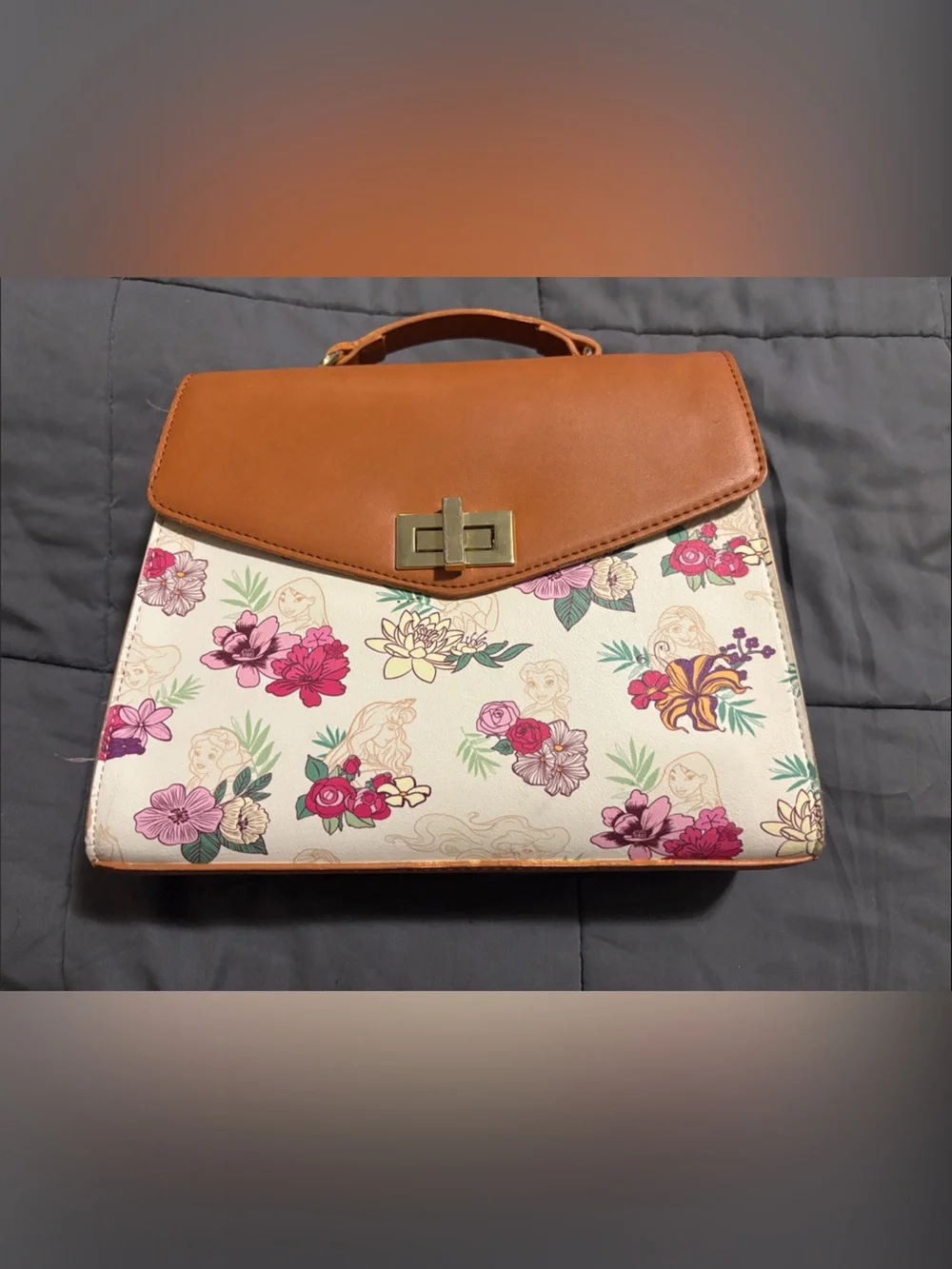 Loungefly Floral Satchel with Tan Flap and Gold Hardware